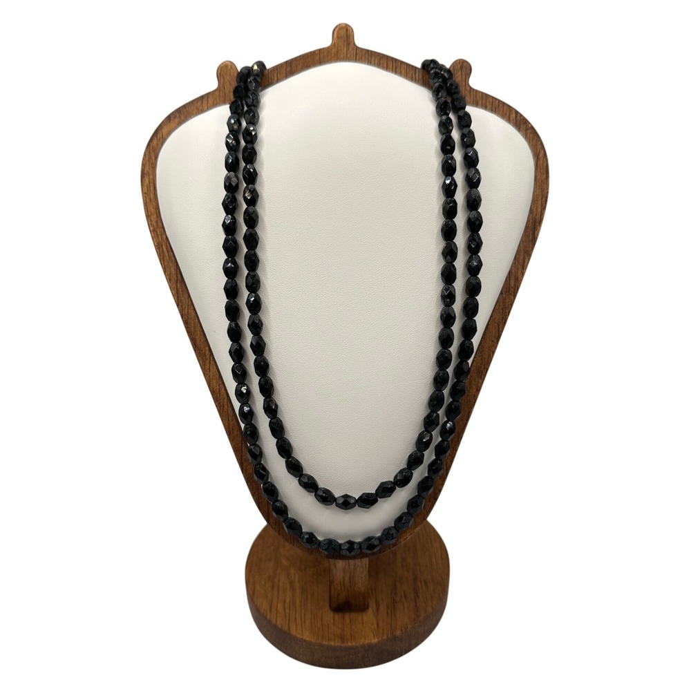 Vtg 80s Black Faceted Bead Double Strand Necklace Gold Tone Clasp Flapper 24"